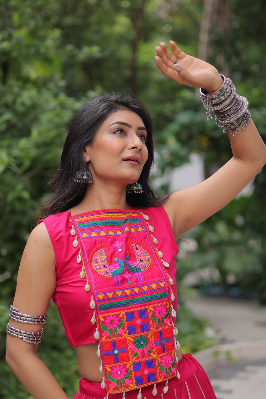 Pink Navratri Special Roman Fabric Lehenga Choli with Kutchi Gamthi & Mirror Work ClothsVilla