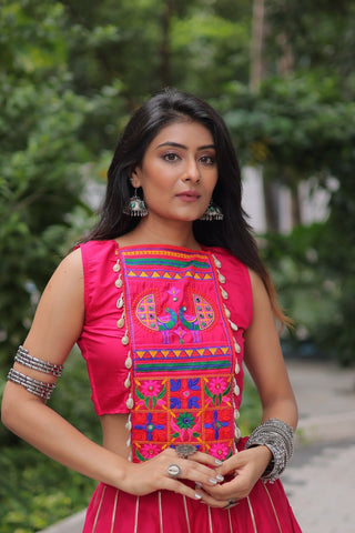Pink Navratri Special Roman Fabric Lehenga Choli with Kutchi Gamthi & Mirror Work ClothsVilla