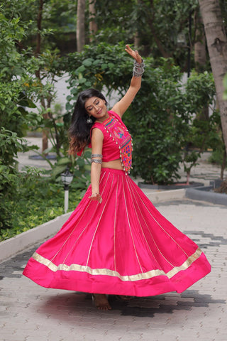 Pink Navratri Special Roman Fabric Lehenga Choli with Kutchi Gamthi & Mirror Work ClothsVilla