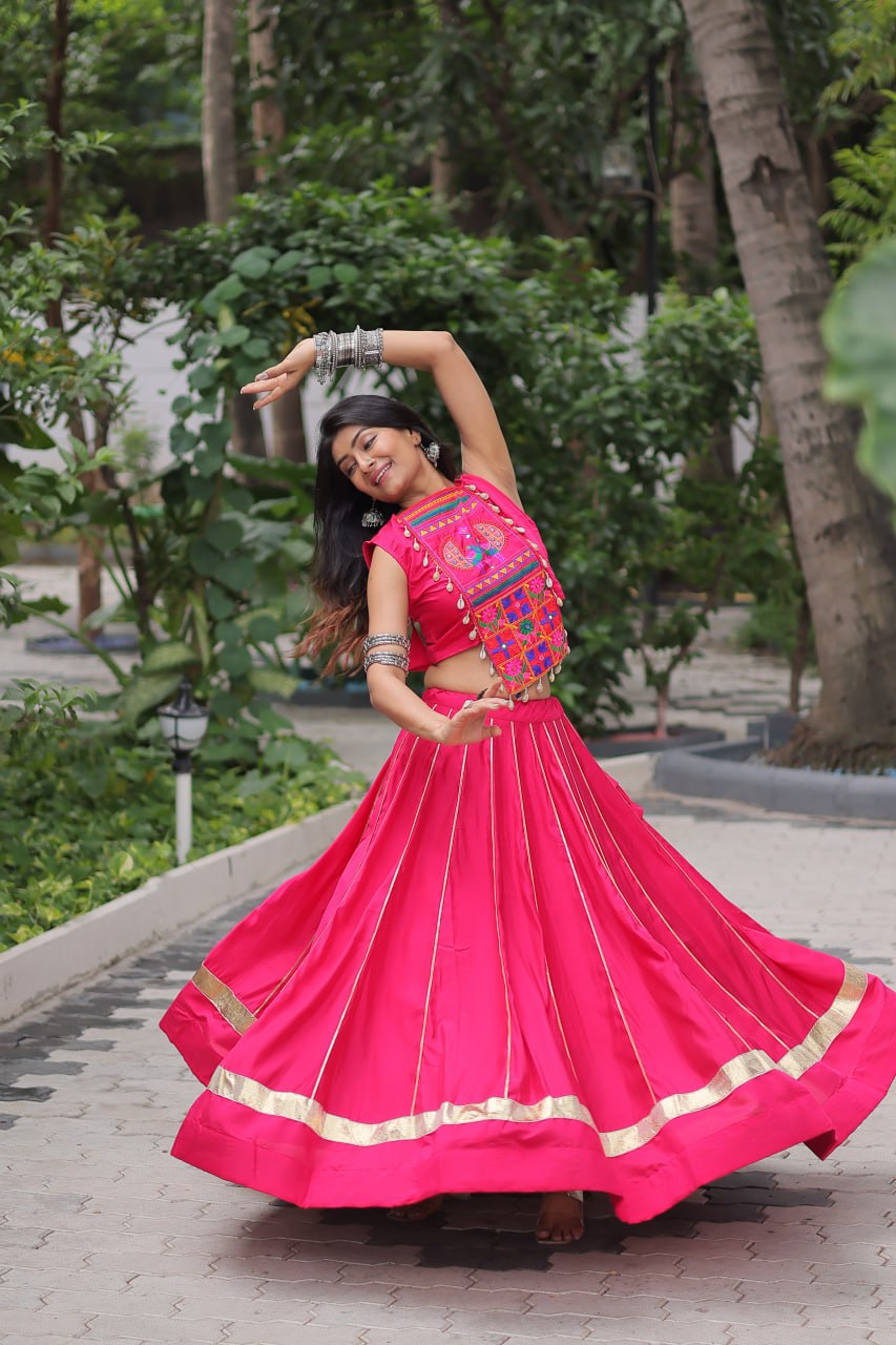 Pink Navratri Special Roman Fabric Lehenga Choli with Kutchi Gamthi & Mirror Work ClothsVilla