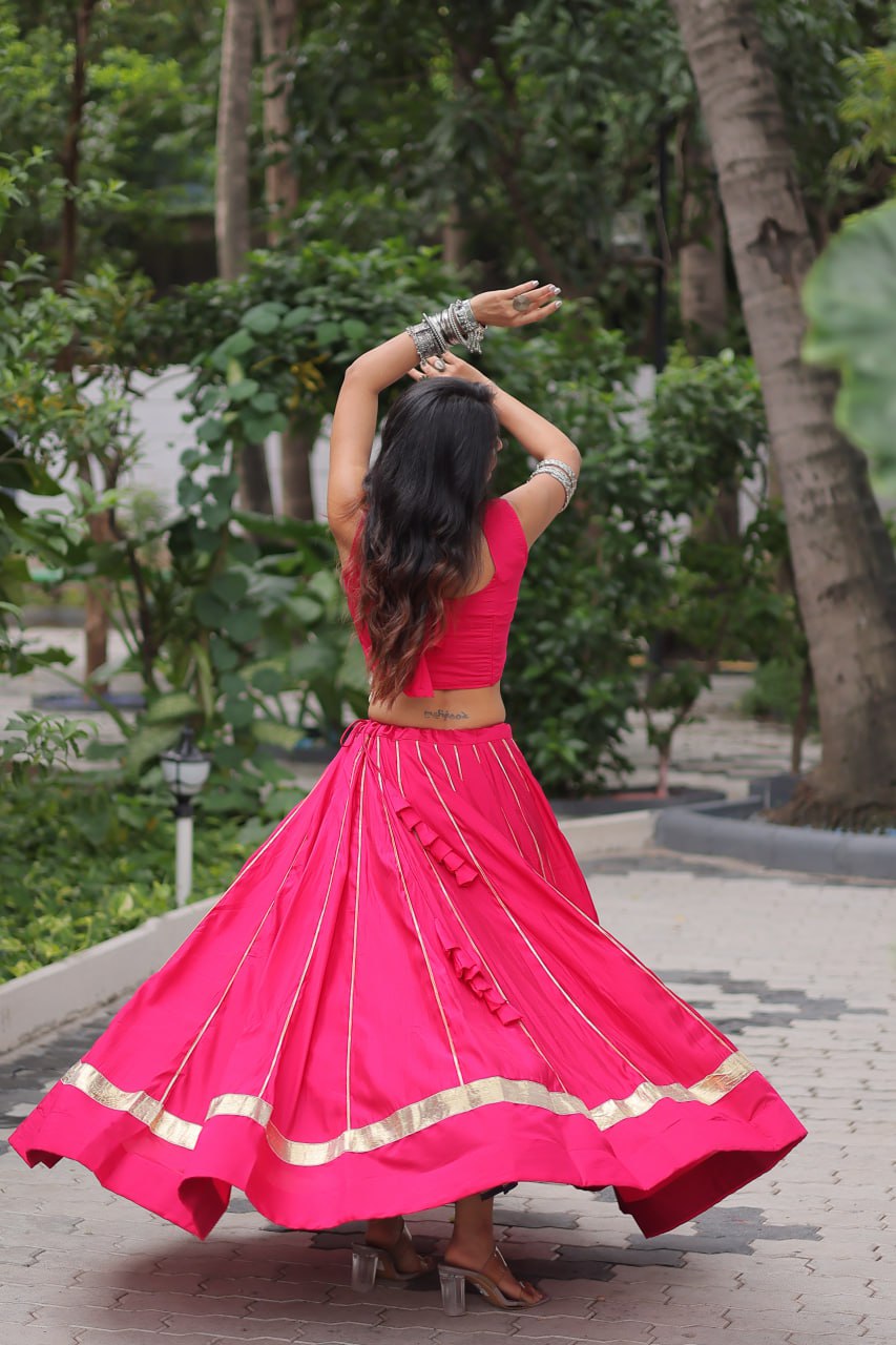 Pink Navratri Special Roman Fabric Lehenga Choli with Kutchi Gamthi & Mirror Work ClothsVilla