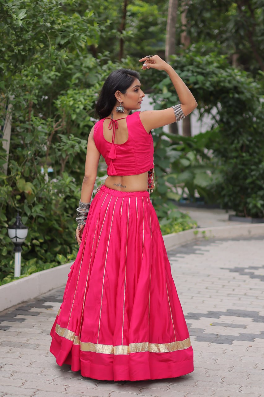 Pink Navratri Special Roman Fabric Lehenga Choli with Kutchi Gamthi & Mirror Work ClothsVilla