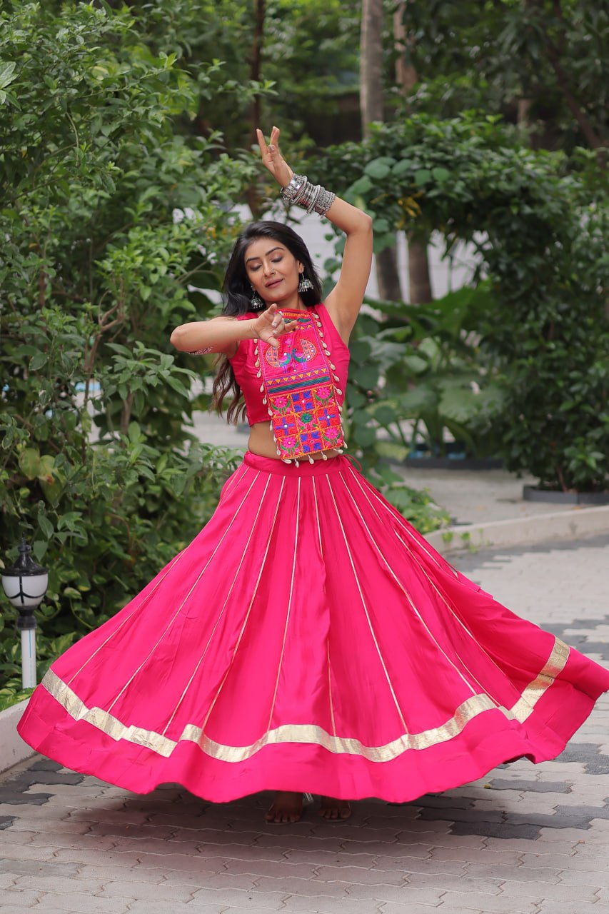Pink Navratri Special Roman Fabric Lehenga Choli with Kutchi Gamthi & Mirror Work ClothsVilla