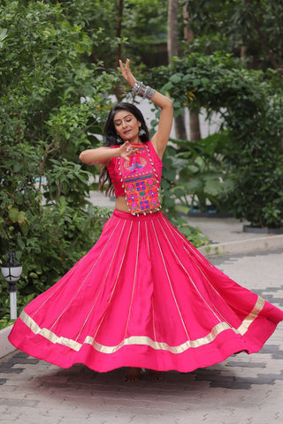 Pink Navratri Special Roman Fabric Lehenga Choli with Kutchi Gamthi & Mirror Work ClothsVilla
