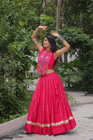 Pink Navratri Special Roman Fabric Lehenga Choli with Kutchi Gamthi & Mirror Work ClothsVilla