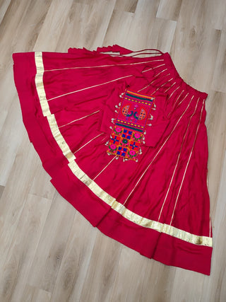 Pink Navratri Special Roman Fabric Lehenga Choli with Kutchi Gamthi & Mirror Work ClothsVilla