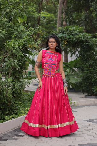 Pink Navratri Special Roman Fabric Lehenga Choli with Kutchi Gamthi & Mirror Work ClothsVilla