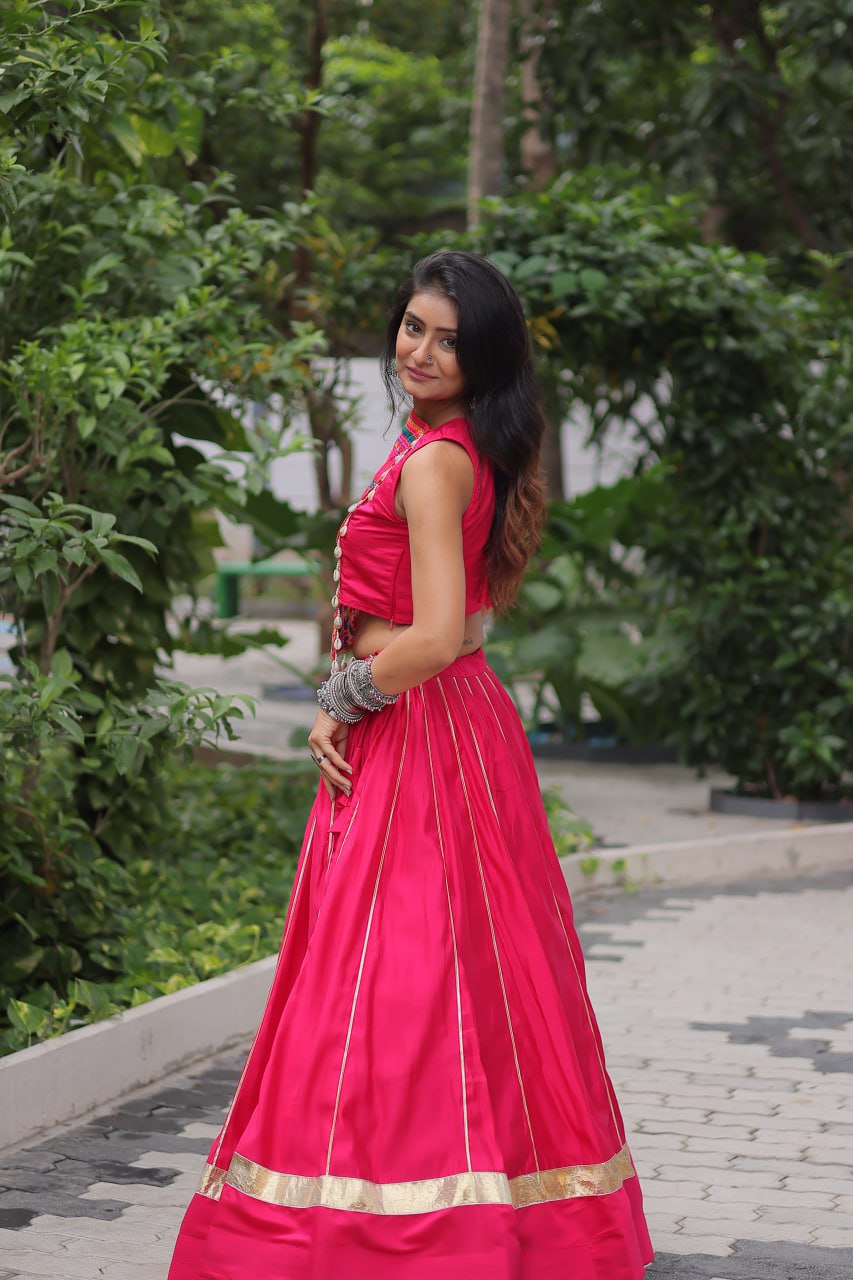 Pink Navratri Special Roman Fabric Lehenga Choli with Kutchi Gamthi & Mirror Work ClothsVilla