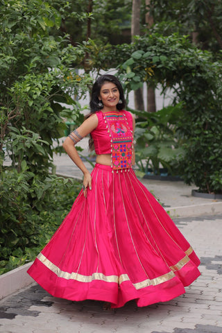 Pink Navratri Special Roman Fabric Lehenga Choli with Kutchi Gamthi & Mirror Work ClothsVilla