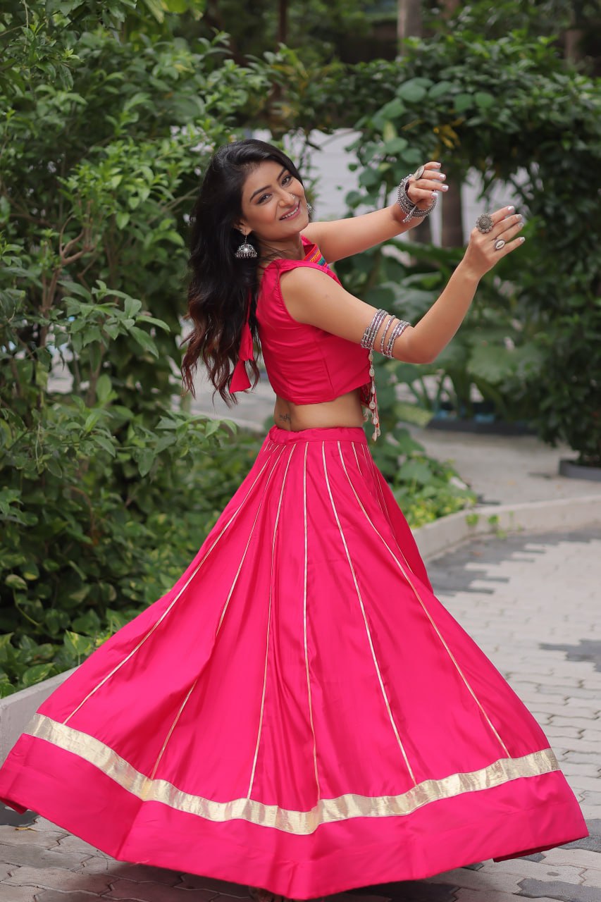 Pink Navratri Special Roman Fabric Lehenga Choli with Kutchi Gamthi & Mirror Work ClothsVilla