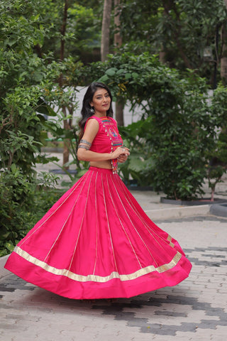 Pink Navratri Special Roman Fabric Lehenga Choli with Kutchi Gamthi & Mirror Work ClothsVilla
