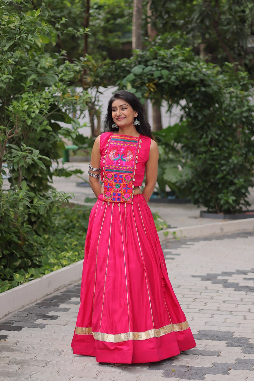 Pink Navratri Special Roman Fabric Lehenga Choli with Kutchi Gamthi & Mirror Work ClothsVilla