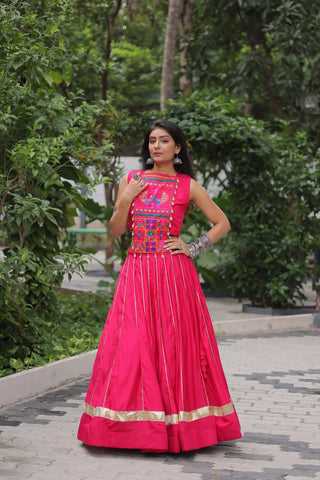 Pink Navratri Special Roman Fabric Lehenga Choli with Kutchi Gamthi & Mirror Work ClothsVilla
