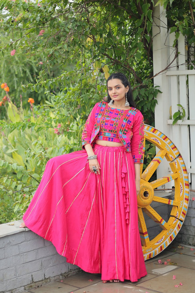 Pink Navratri Special Roman Fabric Lehenga Set with Kutchi Gamthi Embroidery & Gota Patti Lace ClothsVilla
