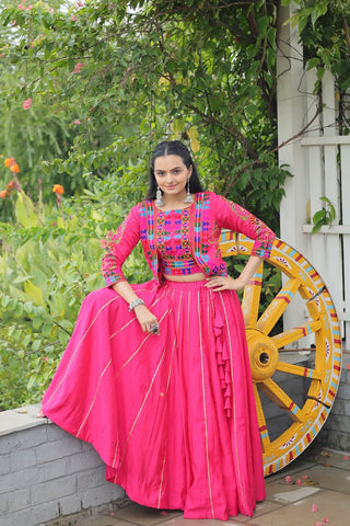 Pink Navratri Special Roman Fabric Lehenga Set with Kutchi Gamthi Embroidery & Gota Patti Lace ClothsVilla