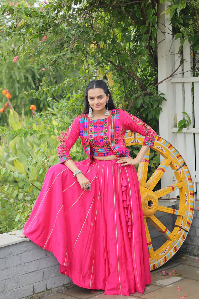 Pink Navratri Special Roman Fabric Lehenga Set with Kutchi Gamthi Embroidery & Gota Patti Lace ClothsVilla
