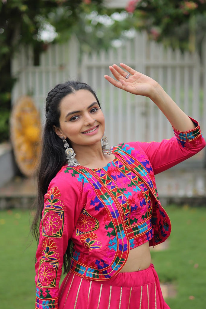 Pink Navratri Special Roman Fabric Lehenga Set with Kutchi Gamthi Embroidery & Gota Patti Lace ClothsVilla