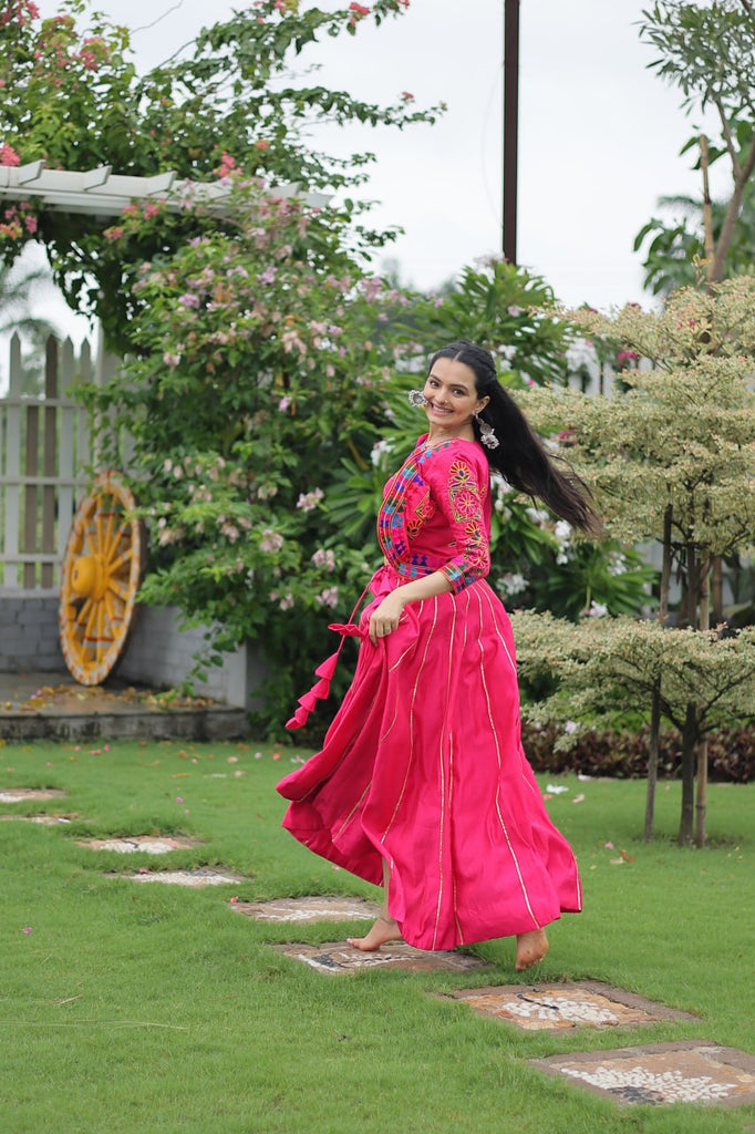 Pink Navratri Special Roman Fabric Lehenga Set with Kutchi Gamthi Embroidery & Gota Patti Lace ClothsVilla
