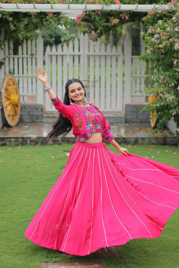 Pink Navratri Special Roman Fabric Lehenga Set with Kutchi Gamthi Embroidery & Gota Patti Lace ClothsVilla