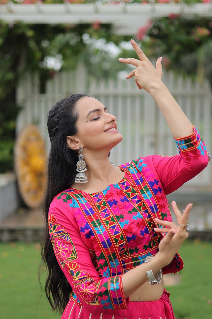 Pink Navratri Special Roman Fabric Lehenga Set with Kutchi Gamthi Embroidery & Gota Patti Lace ClothsVilla