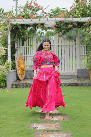 Pink Navratri Special Roman Fabric Lehenga Set with Kutchi Gamthi Embroidery & Gota Patti Lace ClothsVilla