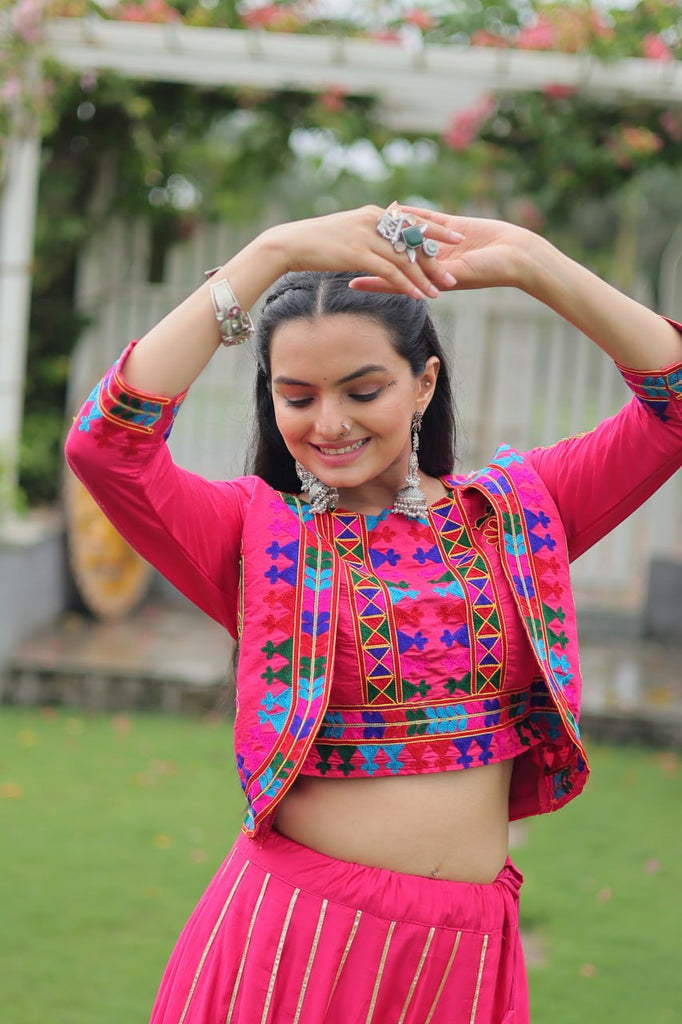 Pink Navratri Special Roman Fabric Lehenga Set with Kutchi Gamthi Embroidery & Gota Patti Lace ClothsVilla