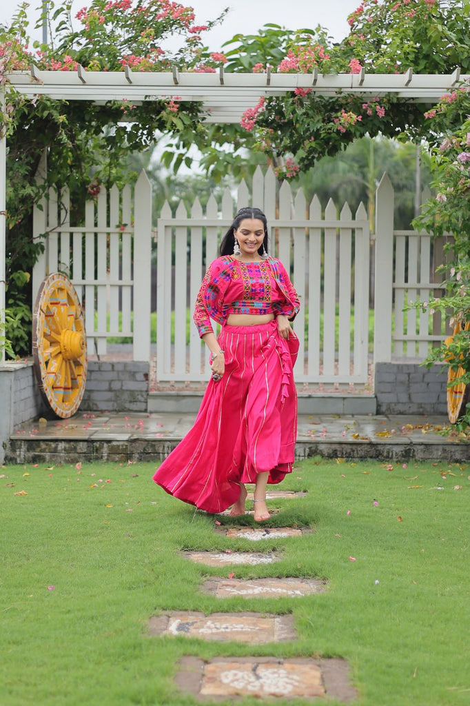 Pink Navratri Special Roman Fabric Lehenga Set with Kutchi Gamthi Embroidery & Gota Patti Lace ClothsVilla