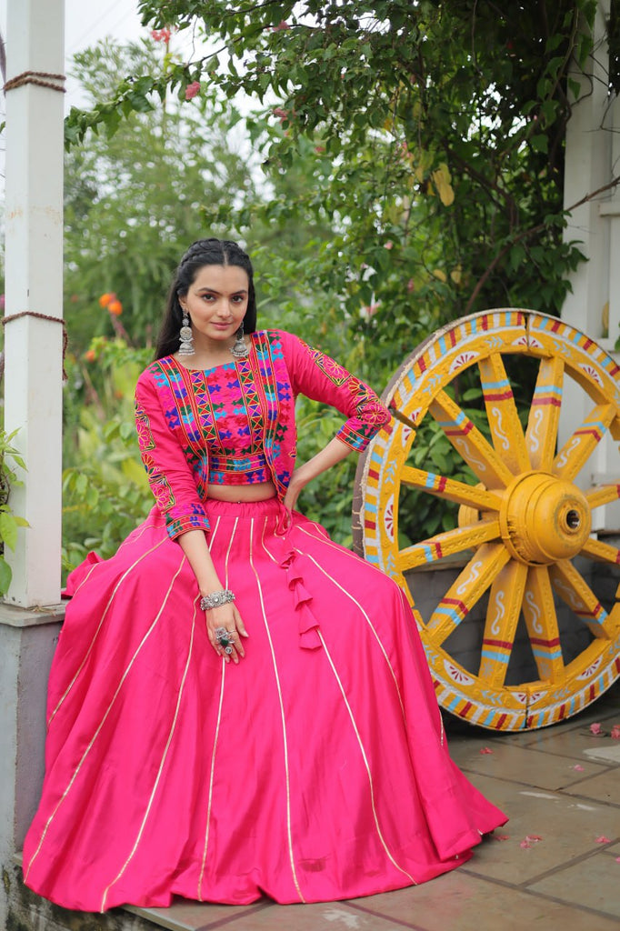 Pink Navratri Special Roman Fabric Lehenga Set with Kutchi Gamthi Embroidery & Gota Patti Lace ClothsVilla