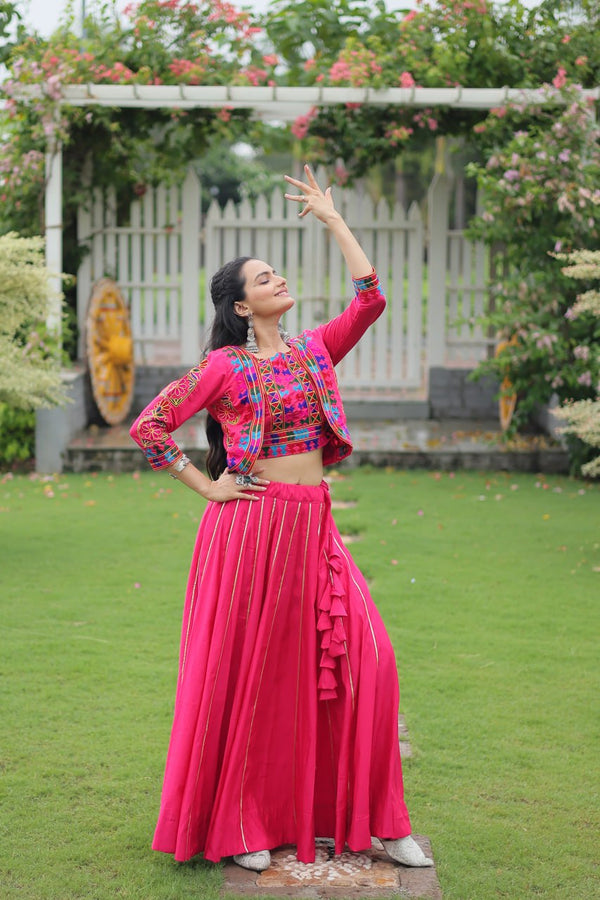 Pink Navratri Special Roman Fabric Lehenga Set with Kutchi Gamthi Embroidery & Gota Patti Lace ClothsVilla