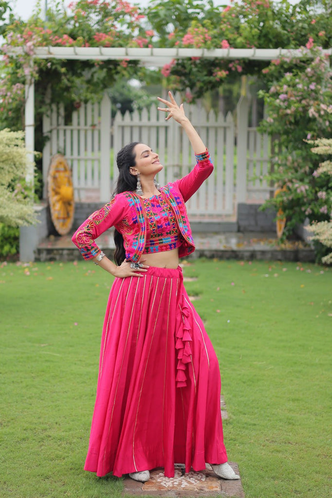 Pink Navratri Special Roman Fabric Lehenga Set with Kutchi Gamthi Embroidery & Gota Patti Lace ClothsVilla
