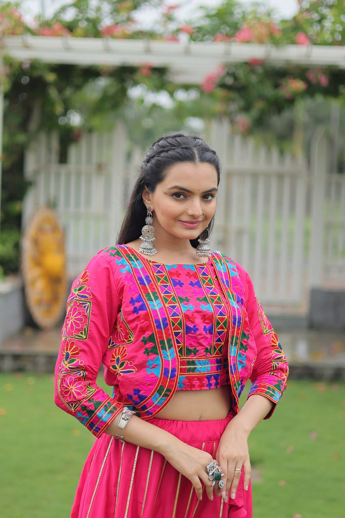 Pink Navratri Special Roman Fabric Lehenga Set with Kutchi Gamthi Embroidery & Gota Patti Lace ClothsVilla