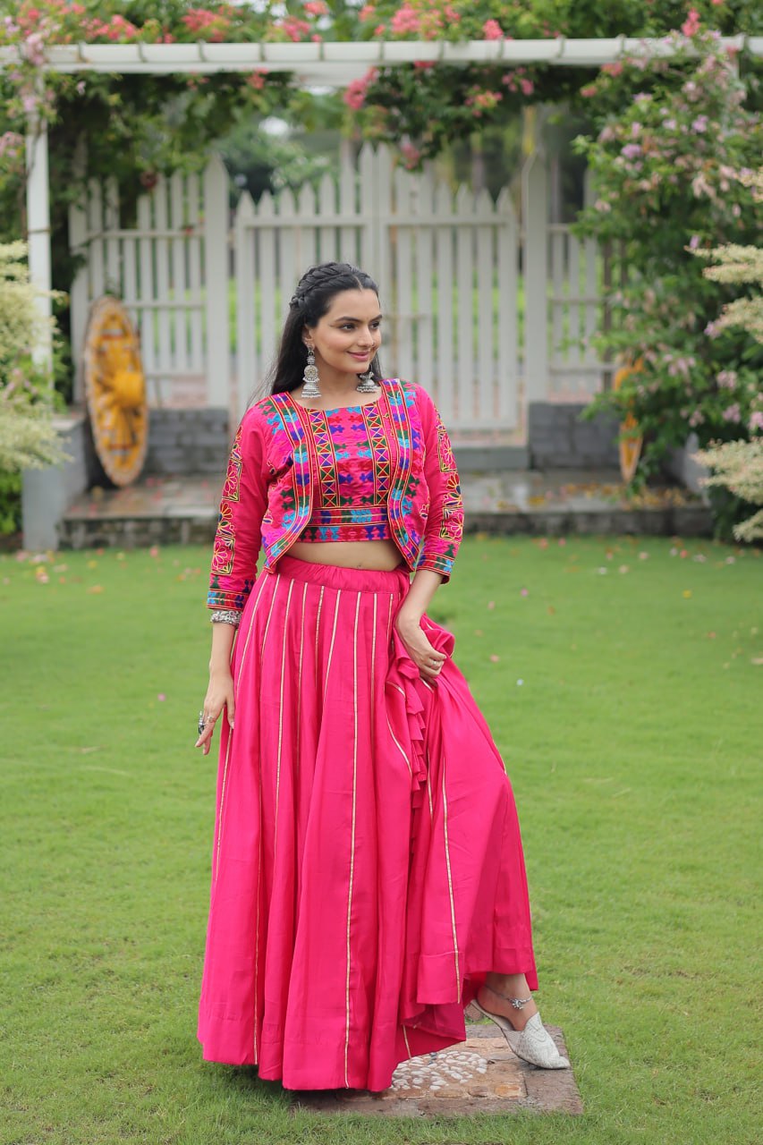 Pink Navratri Special Roman Fabric Lehenga Set with Kutchi Gamthi Embroidery & Gota Patti Lace ClothsVilla