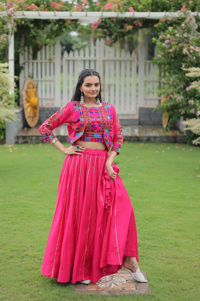Pink Navratri Special Roman Fabric Lehenga Set with Kutchi Gamthi Embroidery & Gota Patti Lace ClothsVilla
