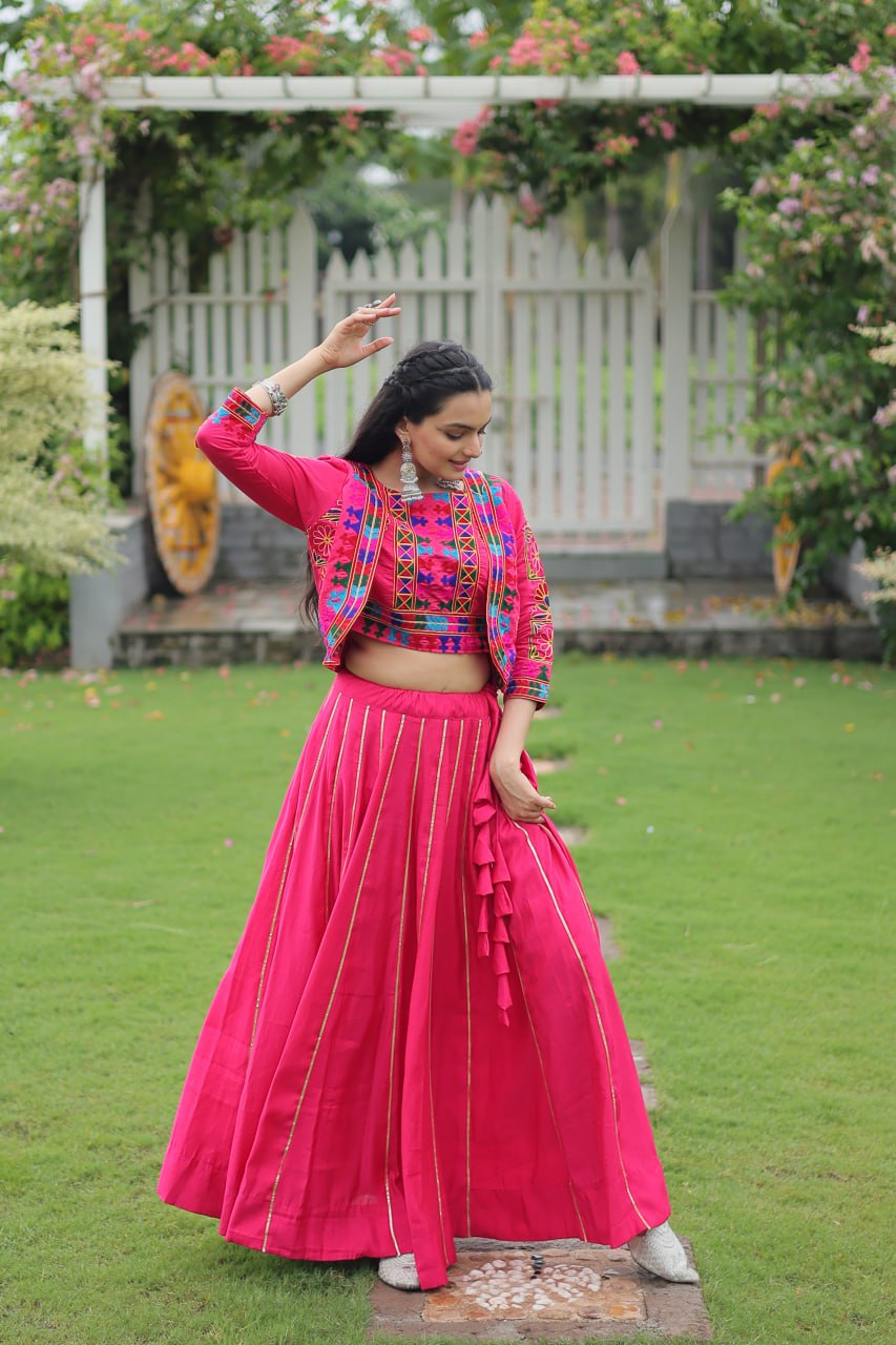 Pink Navratri Special Roman Fabric Lehenga Set with Kutchi Gamthi Embroidery & Gota Patti Lace ClothsVilla