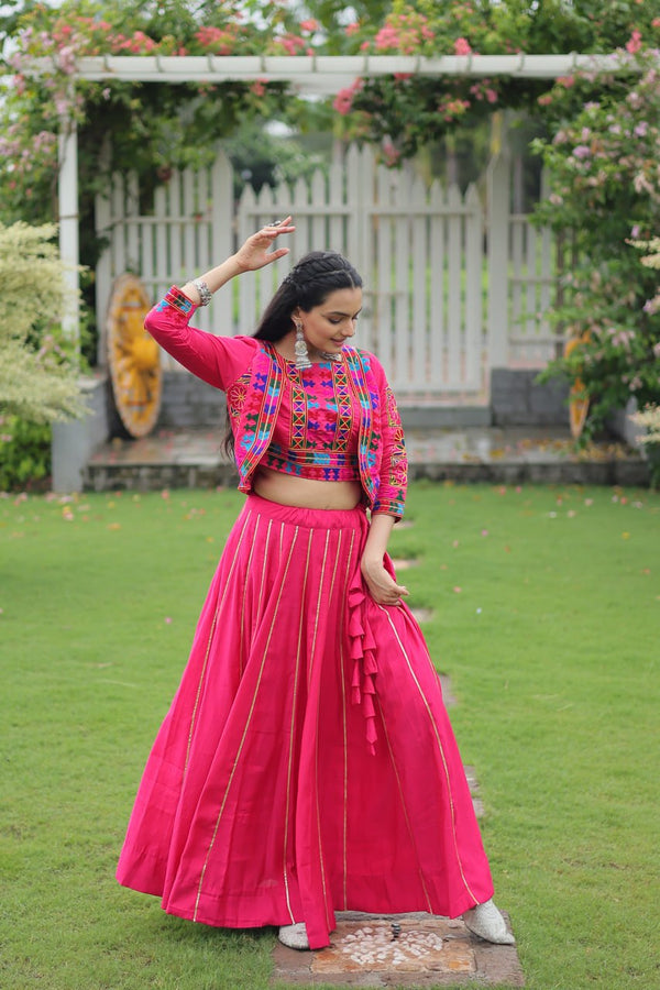 Pink Navratri Special Roman Fabric Lehenga Set with Kutchi Gamthi Embroidery & Gota Patti Lace ClothsVilla