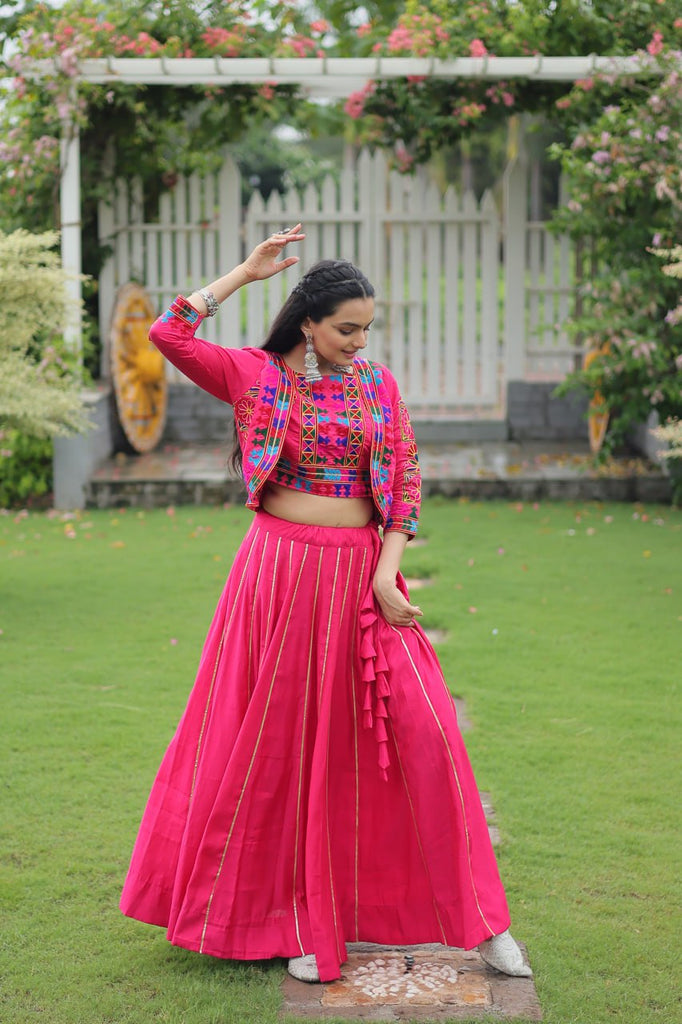 Pink Navratri Special Roman Fabric Lehenga Set with Kutchi Gamthi Embroidery & Gota Patti Lace ClothsVilla