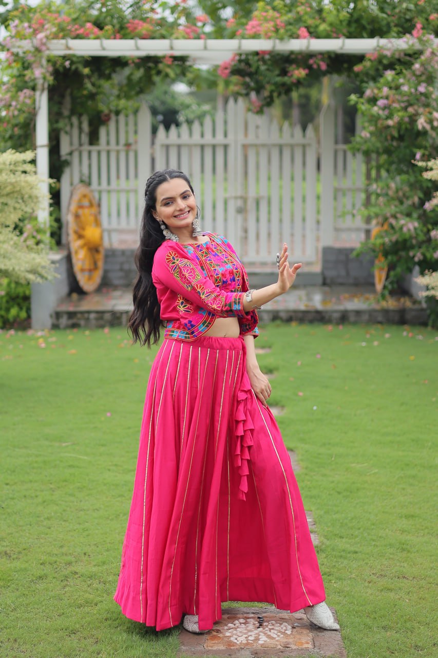 Pink Navratri Special Roman Fabric Lehenga Set with Kutchi Gamthi Embroidery & Gota Patti Lace ClothsVilla