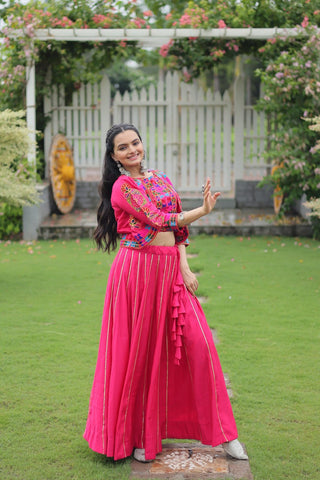 Pink Navratri Special Roman Fabric Lehenga Set with Kutchi Gamthi Embroidery & Gota Patti Lace ClothsVilla