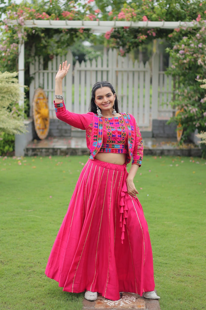 Pink Navratri Special Roman Fabric Lehenga Set with Kutchi Gamthi Embroidery & Gota Patti Lace ClothsVilla