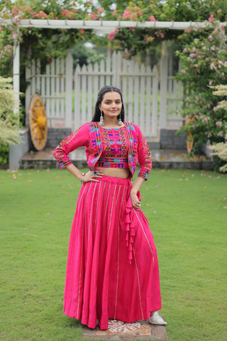 Pink Navratri Special Roman Fabric Lehenga Set with Kutchi Gamthi Embroidery & Gota Patti Lace ClothsVilla