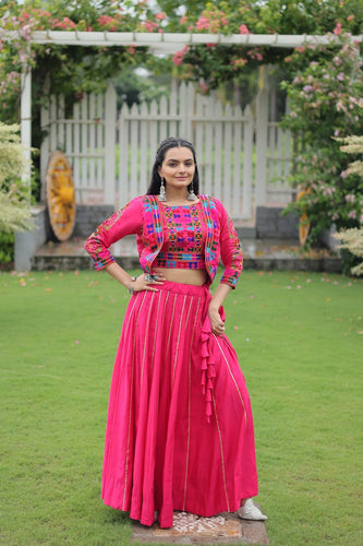Pink Navratri Special Roman Fabric Lehenga Set with Kutchi Gamthi Embroidery & Gota Patti Lace ClothsVilla