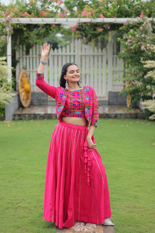Pink Navratri Special Roman Fabric Lehenga Set with Kutchi Gamthi Embroidery & Gota Patti Lace ClothsVilla