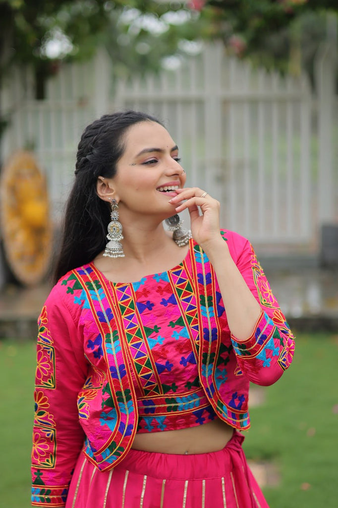 Pink Navratri Special Roman Fabric Lehenga Set with Kutchi Gamthi Embroidery & Gota Patti Lace ClothsVilla