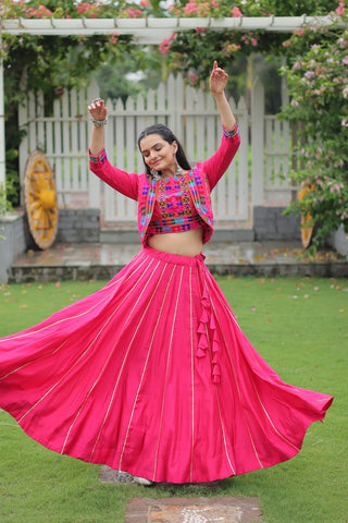 Pink Navratri Special Roman Fabric Lehenga Set with Kutchi Gamthi Embroidery & Gota Patti Lace ClothsVilla