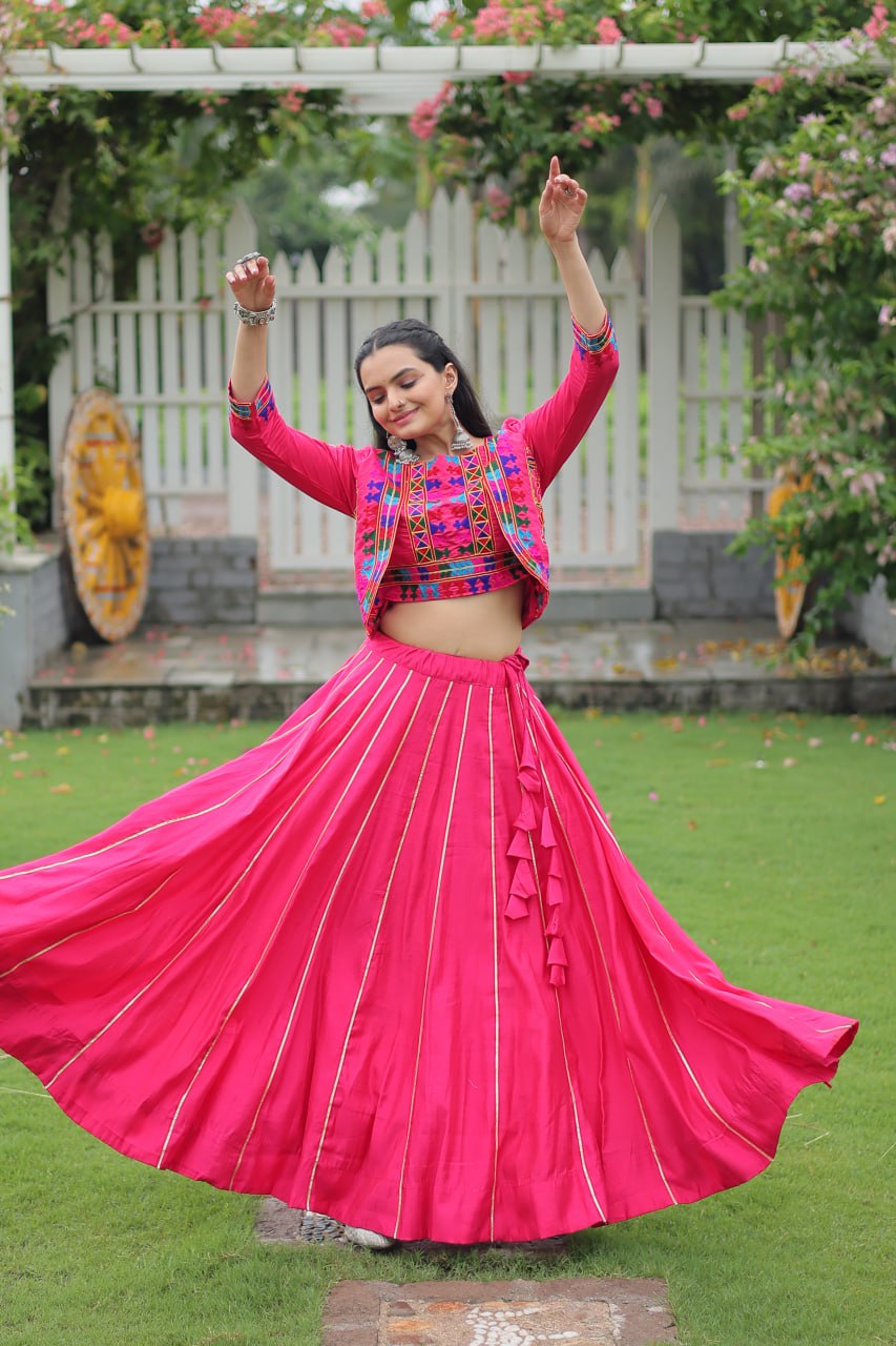 Pink Navratri Special Roman Fabric Lehenga Set with Kutchi Gamthi Embroidery & Gota Patti Lace ClothsVilla
