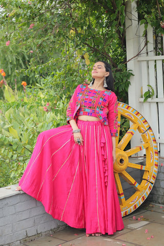 Pink Navratri Special Roman Fabric Lehenga Set with Kutchi Gamthi Embroidery & Gota Patti Lace ClothsVilla