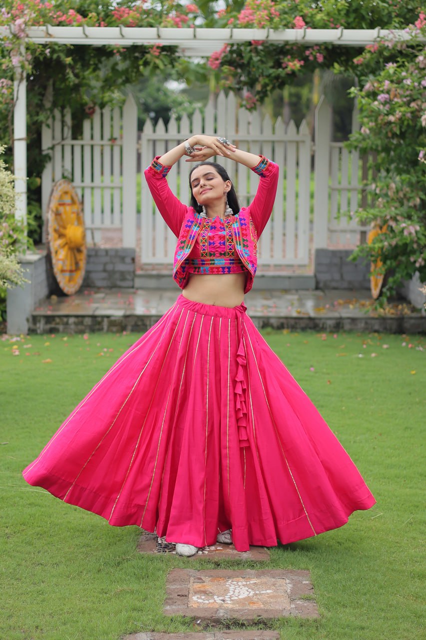Pink Navratri Special Roman Fabric Lehenga Set with Kutchi Gamthi Embroidery & Gota Patti Lace ClothsVilla