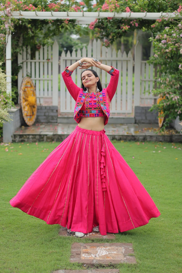 Pink Navratri Special Roman Fabric Lehenga Set with Kutchi Gamthi Embroidery & Gota Patti Lace ClothsVilla