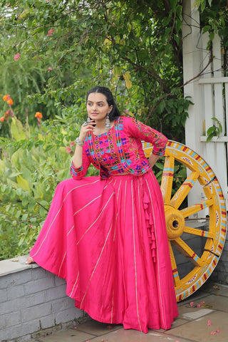 Pink Navratri Special Roman Fabric Lehenga Set with Kutchi Gamthi Embroidery & Gota Patti Lace ClothsVilla