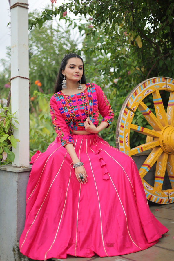 Pink Navratri Special Roman Fabric Lehenga Set with Kutchi Gamthi Embroidery & Gota Patti Lace ClothsVilla